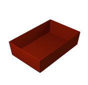 A rectangular, deep, open-top cast aluminum bowl with straight sides and a smooth surface, colored solid dark red. The empty bowl is shown against a plain white background.