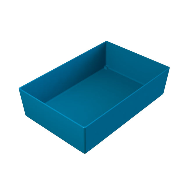 A rectangular, deep blue Simple Solutions Bowl with straight sides and a flat bottom, shown on a plain white background. The NSF-certified tray is empty and viewed from a slightly elevated angle, revealing the interior and depth.