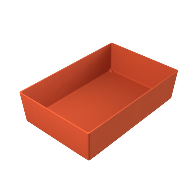 A rectangular, orange, open-top Simple Solutions Bowl with straight sides and a smooth surface, viewed from a slight angle above. The box is empty and has sharp, clean edges.
