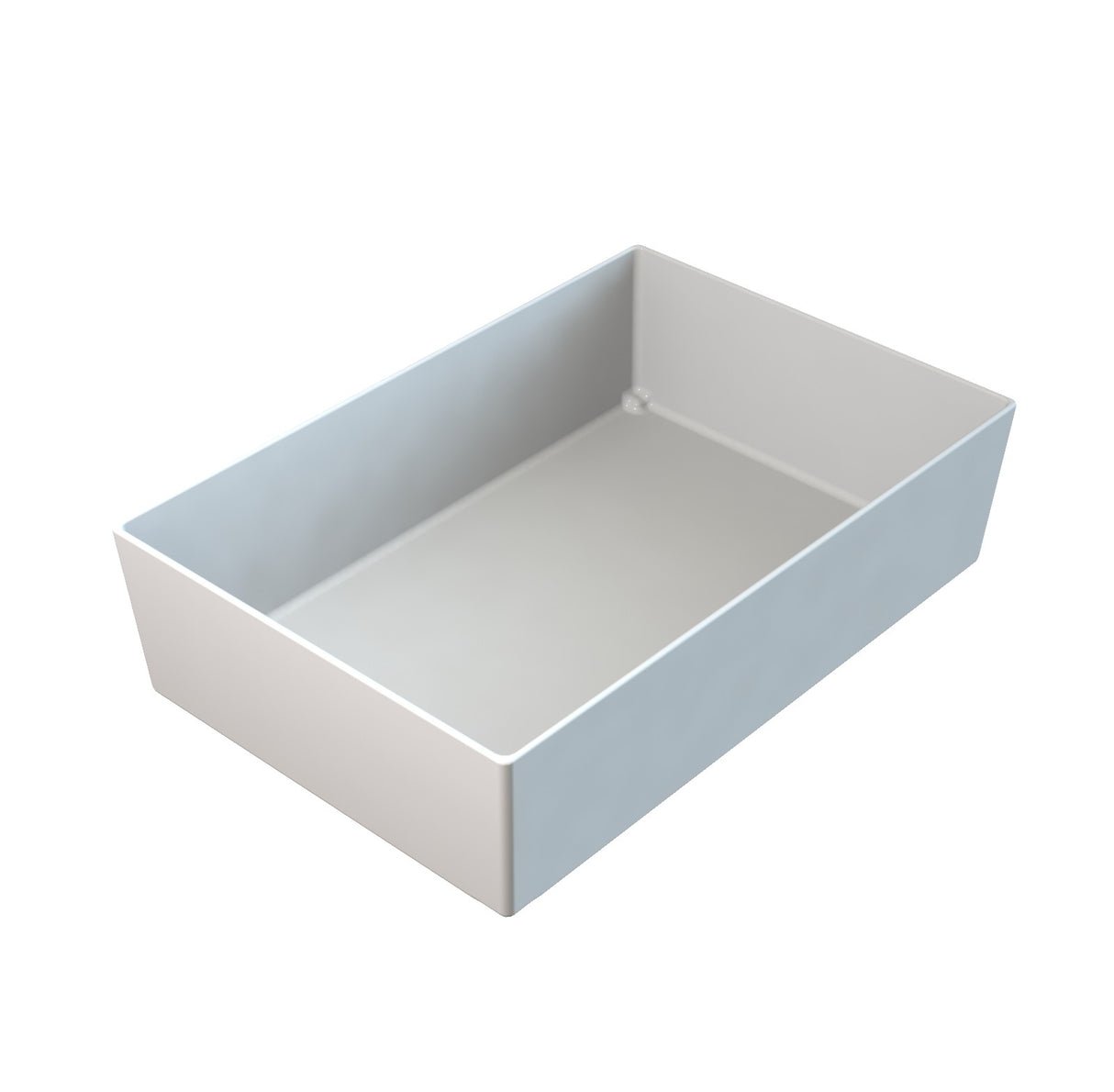 A 3D-rendered image of a rectangular, open-top, white Duracoat coated cast aluminum box with smooth sides and sharp corners, viewed from above at an angle on a white background. The box appears empty and has a clean, minimalistic design.