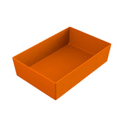 A rectangular orange Simple Solutions Bowl with straight vertical sides and no lid, shown empty and viewed at an angle from above on a white background. Ideal as a cold holding bowl for versatile serving needs.