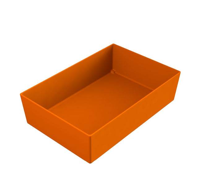 A rectangular orange Simple Solutions Bowl with straight vertical sides and no lid, shown empty and viewed at an angle from above on a white background. Ideal as a cold holding bowl for versatile serving needs.
