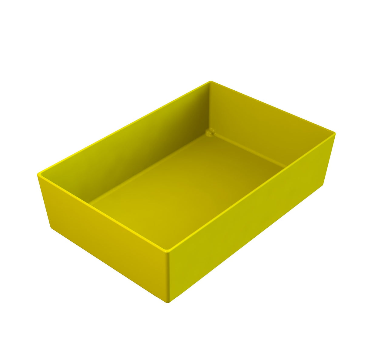A rectangular, open-top yellow plastic box is shown at an angle against a white background. Reminiscent of a Simple Solutions™ Bowl, the box features smooth sides and no visible markings or handles.