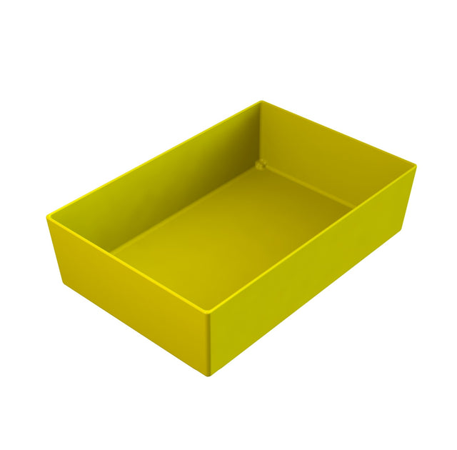 A rectangular, open-top yellow plastic box is shown at an angle against a white background. Reminiscent of a Simple Solutions™ Bowl, the box features smooth sides and no visible markings or handles.
