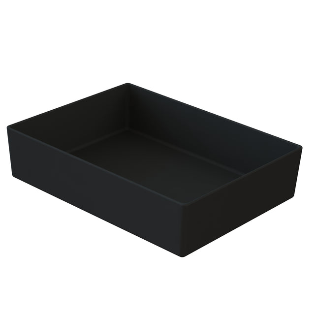A simple, rectangular, black tray with straight sides and a flat bottom is shown against a white background. The matte-finish tray is dishwasher safe, making cleaning effortless.
