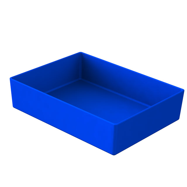 A rectangular, empty blue plastic tray with high sides, set against a plain white background. Angled to show its simple, solid design, this tray is both practical and stylish—perfect as a dishwasher safe bowl alternative for easy cleanup.