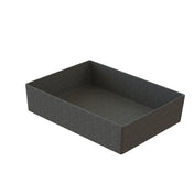 A rectangular, open-top storage box made of dark gray fabric offers simple solutions for organizing your space. The sides are sturdy and straight, with an empty interior. Shown on a white background, it's viewed at a slight angle from above.
