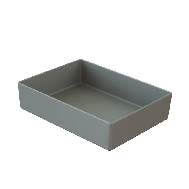 A plain, rectangular, gray plastic tray with straight sides and no handles, shown on a white background. This Simple Solutions Bowl features a smooth surface and appears empty.