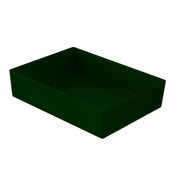 A plain, rectangular, deep green plastic tray is shown on a white background. Reminiscent of a Simple Solutions Bowl, the tray has slightly angled sides with no handles or patterns. The view from above and the side highlights its depth and interior space.
