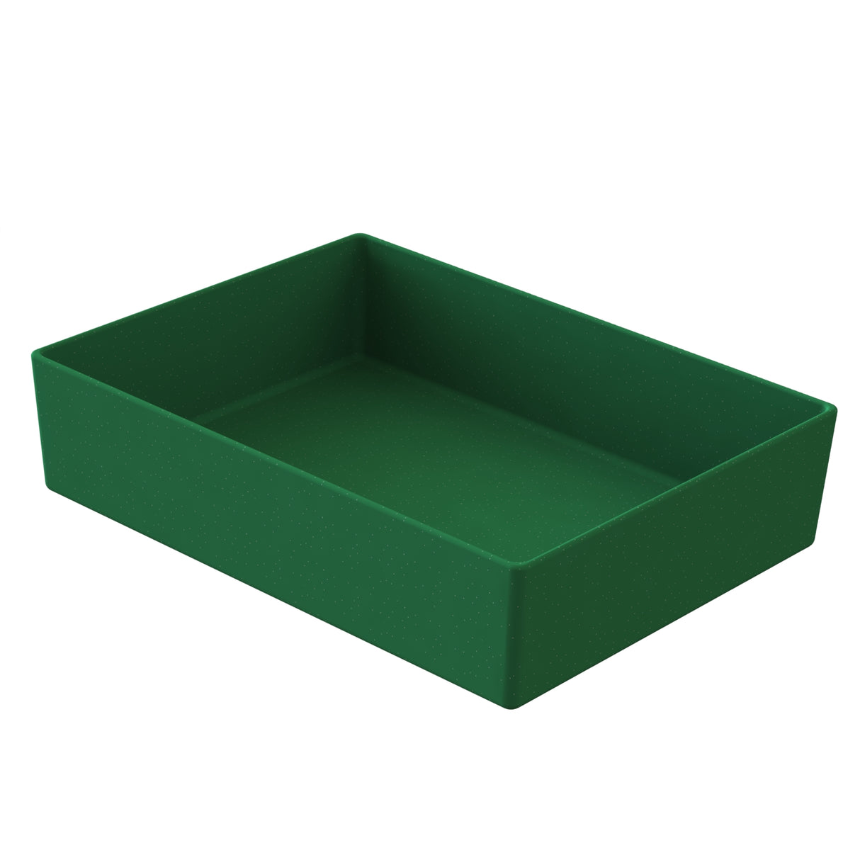 A rectangular, deep, green Simple Solutions Bowl with straight sides and rounded edges is shown on a white background. The bin is empty, positioned at an angle to display its interior and depth.
