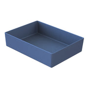 A deep, rectangular, dark blue Duracoat coated cast aluminum tray with smooth sides and no handles, shown at a slight angle on a white background. The tray appears empty and features a simple, minimalist design.