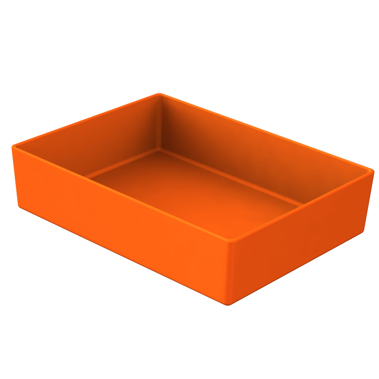 A rectangular, shallow, orange plastic tray is shown against a white background. This Simple Solutions Bowl features smooth sides, clean edges, and a slightly glossy finish—ideal as a cold holding bowl for versatile food service needs.