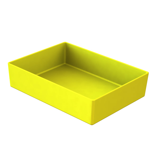 A rectangular, open-topped, bright yellow plastic storage bin is shown on a white background. Smooth sides and sharp corners resemble the clean design of a Simple Solutions Bowl, while its empty interior is visible from a slight angle.