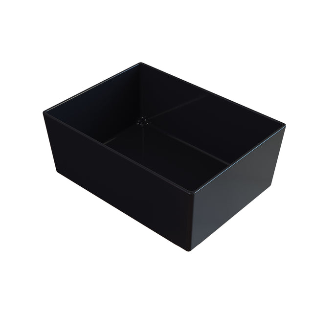 A rectangular, black Simple Solutions Bowl with smooth sides and slightly rounded edges sits empty on a white background, viewed from an angle above and to the side.