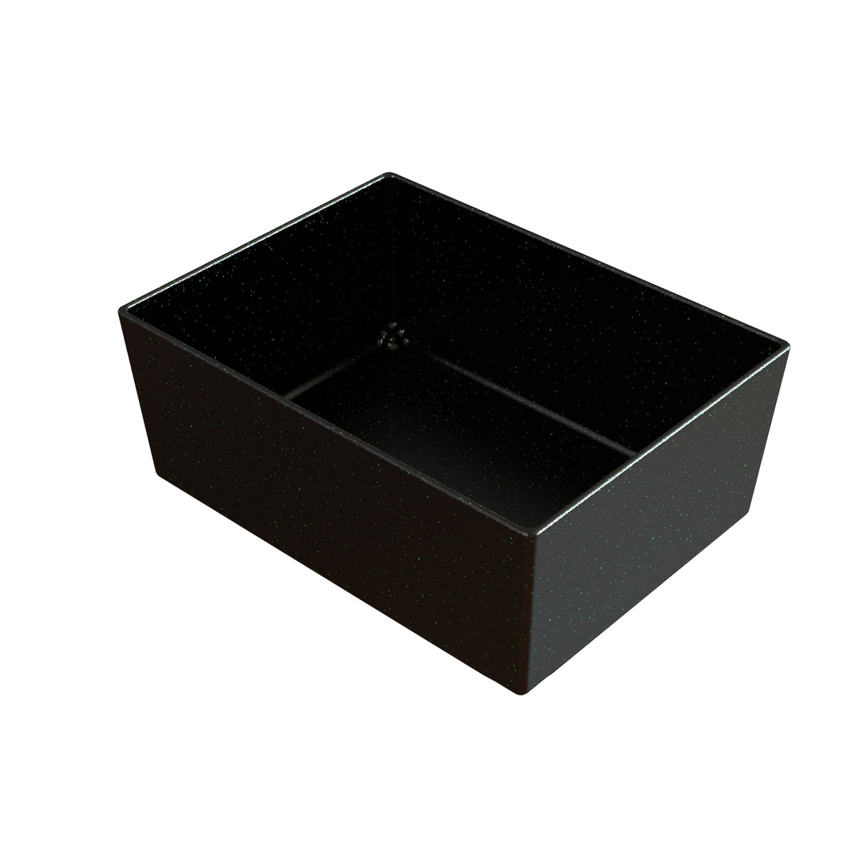 A rectangular, deep, black cast aluminum bowl with speckled white dots, resembling an enamel-coated metal baking or roasting pan, shown empty on a plain white background. The container has smooth sides and sharp edges. It is dishwasher safe.