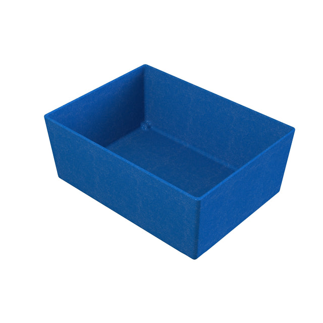 A rectangular, blue Simple Solutions Bowl with straight sides and a flat bottom. The Duracoat coated cast aluminum bin is empty, features a smooth matte finish, and is photographed against a plain white background, showing its interior and three sides.