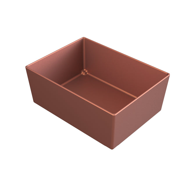 A 3D-rendered image of a rectangular, copper-colored cast aluminum bowl with straight sides and no lid. The dishwasher safe container is empty and viewed from a high angle, highlighting its smooth interior and exterior against a white background.