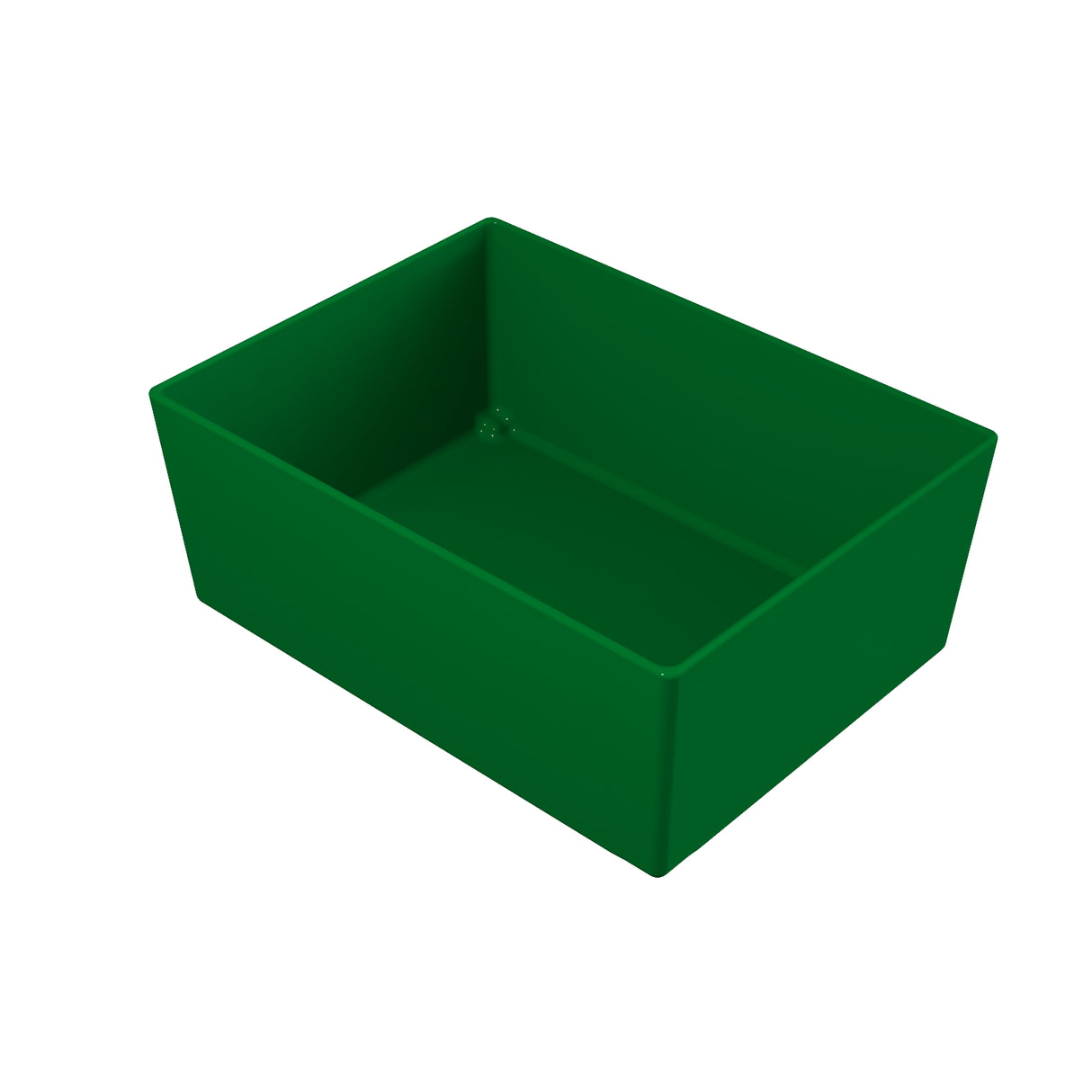 A rectangular, deep green Simple Solutions Bowl with smooth sides and a flat bottom is shown on a white background, angled to display the interior and two adjacent sides. The bin appears empty and has no visible handles or markings.