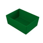 A rectangular, deep green Simple Solutions Bowl with smooth sides and a flat bottom is shown on a white background, angled to display the interior and two adjacent sides. The bin appears empty and has no visible handles or markings.