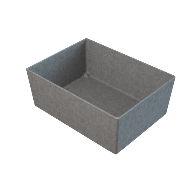 A rectangular, open-top fabric storage bin in a solid gray color is shown against a white background. With straight, tall sides and a flat bottom, this bin offers a simple solution for modern spaces, similar in utility to the Simple Solutions Bowl.