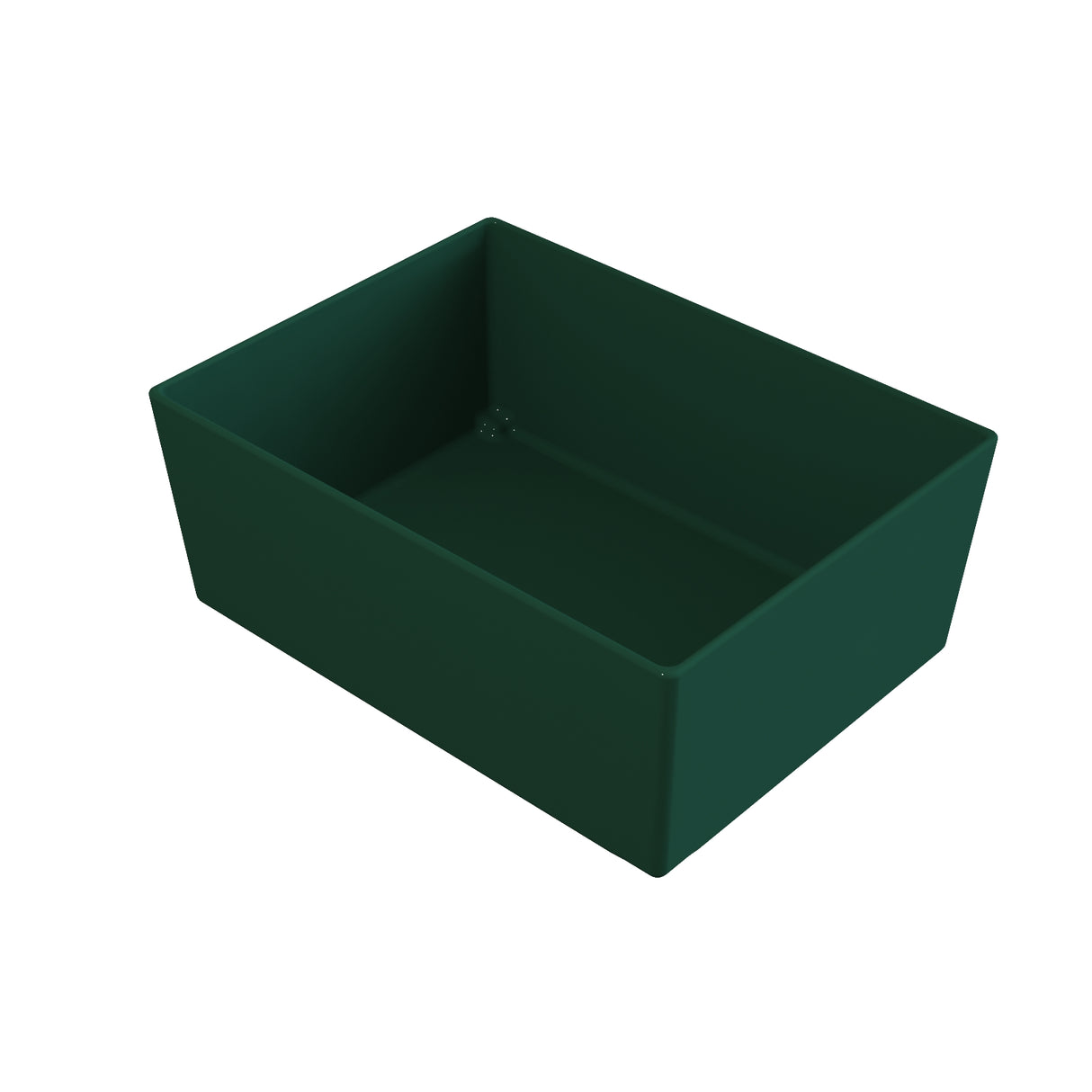 A rectangular, deep green Simple Solutions Bowl with straight sides and a flat bottom, shown at an angle on a plain white background. The container is empty and unadorned, featuring smooth surfaces and sharp edges.