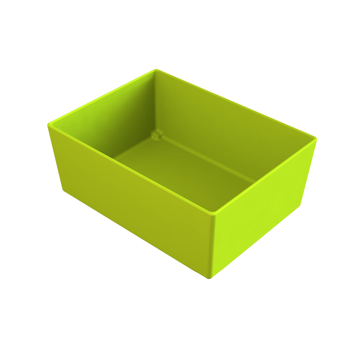 A rectangular, bright green storage bin is shown on a white background. Its simple, modern design echoes the clean lines of a Simple Solutions Bowl, with smooth sides and a flat base, making it ideal for organizing any space.