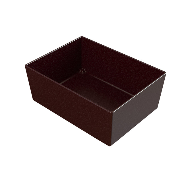 A rectangular, deep, dark brown speckled Duracoat coated cast aluminum baking dish with straight sides and a smooth finish, shown empty against a white background.