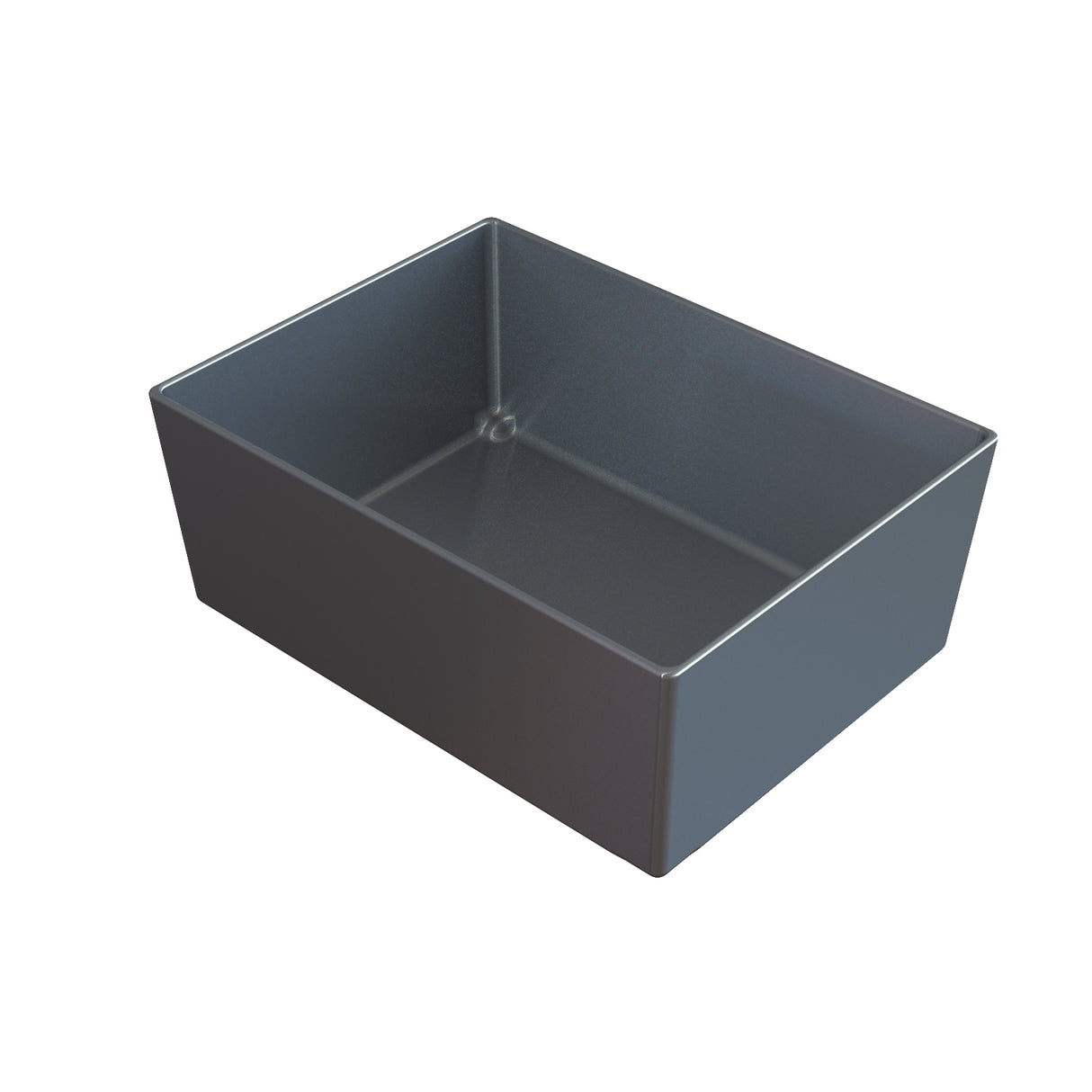 A rectangular, deep cast aluminum bowl with smooth sides and sharp edges is shown from above. The inside is empty, and the dull gray finish stands out against a plain white background, making this Simple Solutions Bowl the clear focal point.