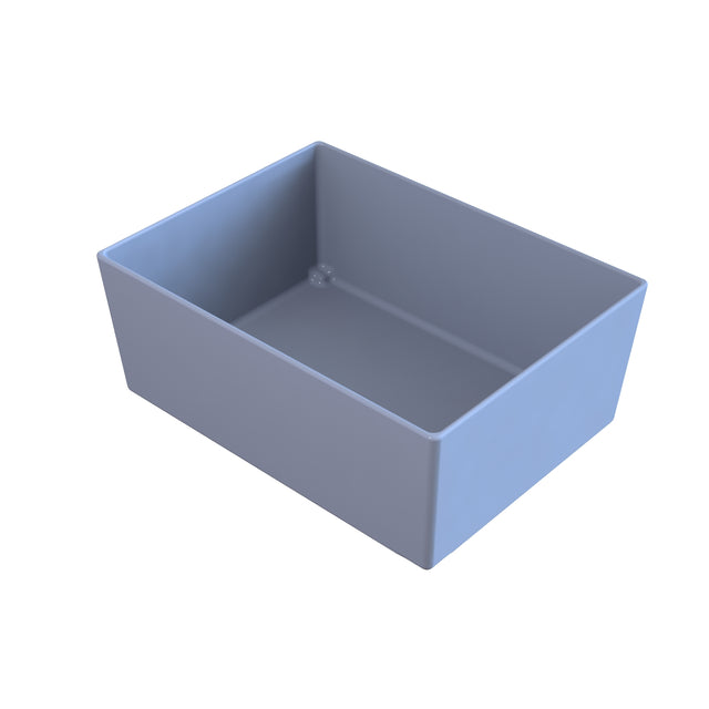A simple, rectangular, light gray-blue Simple Solutions Bowl with straight sides and no lid, shown on a white background. The box is empty and casts a soft shadow, emphasizing its depth and smooth interior.