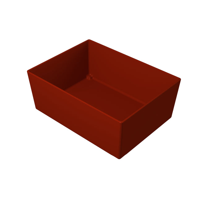 A rectangular, deep red Simple Solutions Bowl with smooth sides and slightly rounded corners, shown on a white background and viewed from a high angle. The inside of this cold holding bowl is empty.