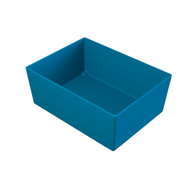 A blue, rectangular, open-top plastic storage bin is shown against a white background. NSF dishwasher safe, the bin has smooth sides and sharp corners, with no visible handles or markings. The camera angle shows the inside and two exterior sides.
