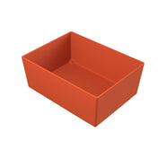A rectangular, open-topped orange plastic bin with straight sides and a smooth interior, viewed from a slightly elevated angle on a white background. This Simple Solutions Bowl features sharply defined corners and appears empty.