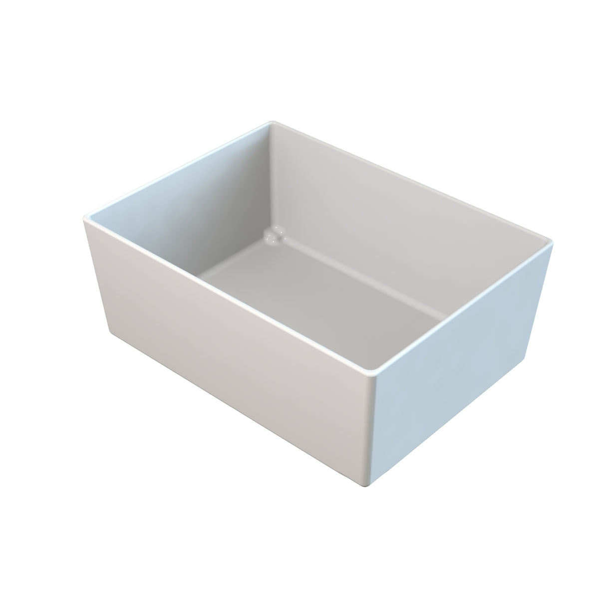 A 3D-rendered image of a plain, rectangular white box with sharp edges and a smooth surface, shown from above. The minimalist design echoes the clean lines of a Simple Solutions Bowl, with soft shadows cast inside and along its inner walls.