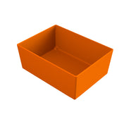 A bright orange, rectangular Simple Solutions Bowl is shown on a white background. The open-top container has smooth sides, sharp corners, and no visible handles or markings. Its interior is empty and evenly colored. NSF certified for quality use.