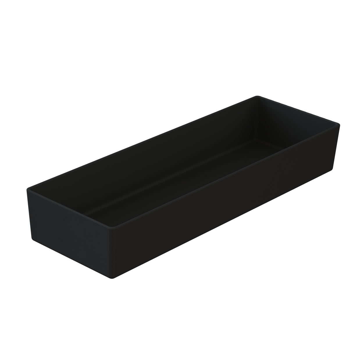A rectangular, black tray with straight sides and a flat bottom, similar in style to a Simple Solutions Bowl, is photographed on a white background. The matte-finish material adds to its modern look, as it sits empty with both side and interior visible.