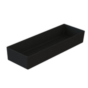 A rectangular, black tray with straight sides and a flat bottom, similar in style to a Simple Solutions Bowl, is photographed on a white background. The matte-finish material adds to its modern look, as it sits empty with both side and interior visible.