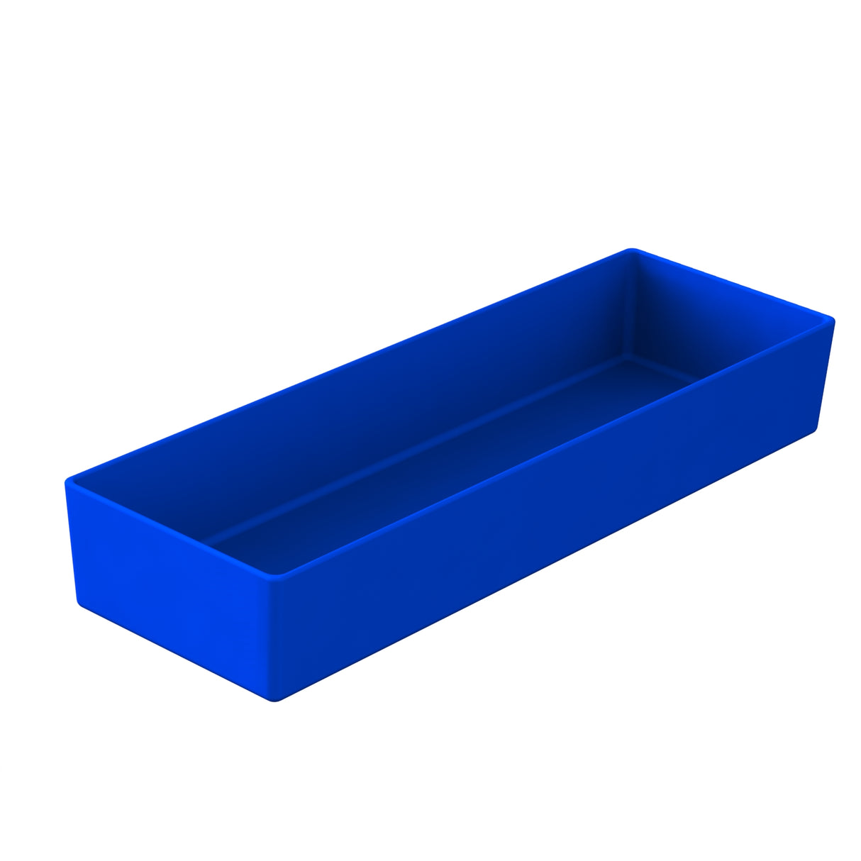 A rectangular, open-top blue plastic tray is shown against a white background. The dishwasher safe tray has straight sides, rounded corners, and a smooth, matte finish. It appears empty and is oriented at a slight angle to reveal both the inside and sides.