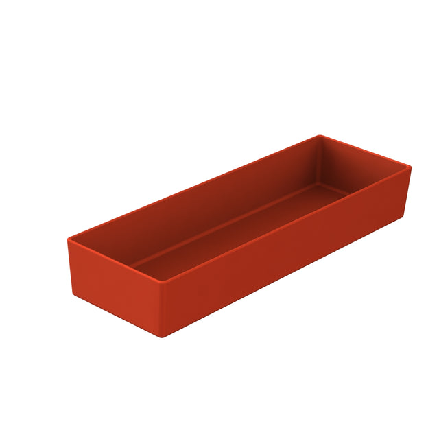 A rectangular, open-top, red plastic tray is shown against a white background. The tray’s straight sides and sharp corners highlight its depth and clean, minimalist design—ideal for cold holding bowl storage or serving needs.