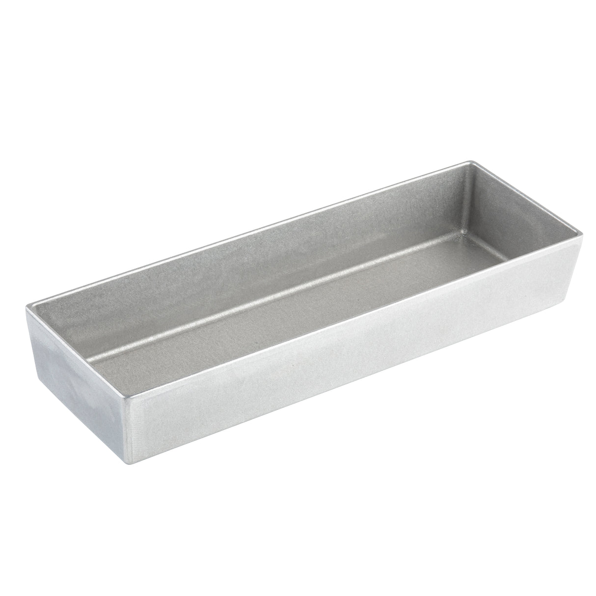 A rectangular, silver-colored metal baking pan with straight sides and a flat bottom, shown angled slightly from above on a white background. The pan is empty with a smooth, shiny surface like a cast aluminum bowl.