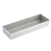 A rectangular, silver-colored metal baking pan with straight sides and a flat bottom, shown angled slightly from above on a white background. The pan is empty with a smooth, shiny surface like a cast aluminum bowl.