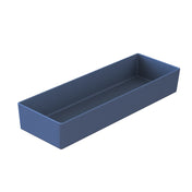 A rectangular, deep, blue storage tray with smooth sides and sharp corners, shown on a white background. This Simple Solutions Bowl appears to be made of plastic and is empty, viewed from an angled perspective.