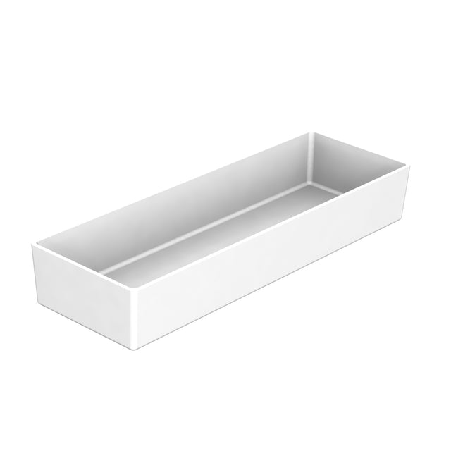 A rectangular, white Simple Solutions Bowl made of Duracoat coated cast aluminum with straight sides and a flat bottom is shown on a plain white background, viewed from a slight angle above and to the side; it’s also dishwasher safe.