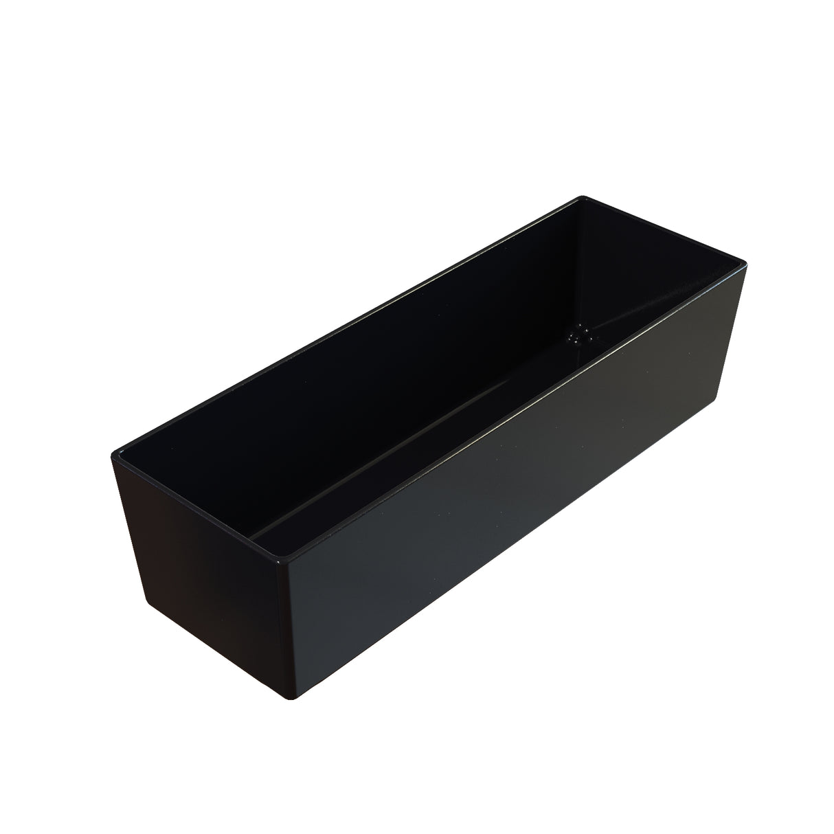 A rectangular black plastic container with smooth surfaces and sharp edges. NSF dishwasher safe, it is empty, open at the top, and photographed against a white background, displaying its simple, minimalist design.