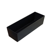 A rectangular black plastic container with smooth surfaces and sharp edges. NSF dishwasher safe, it is empty, open at the top, and photographed against a white background, displaying its simple, minimalist design.