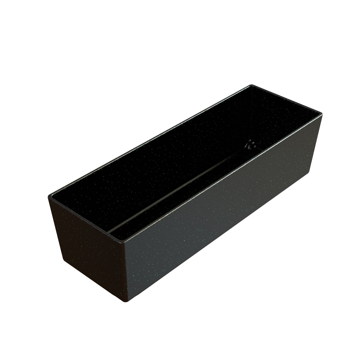 A rectangular, black, speckled Duracoat cast aluminum baking pan with straight sides and a glossy interior. The empty pan, pictured against a white background, showcases its deep, elongated shape—perfect for baking bread or cakes.