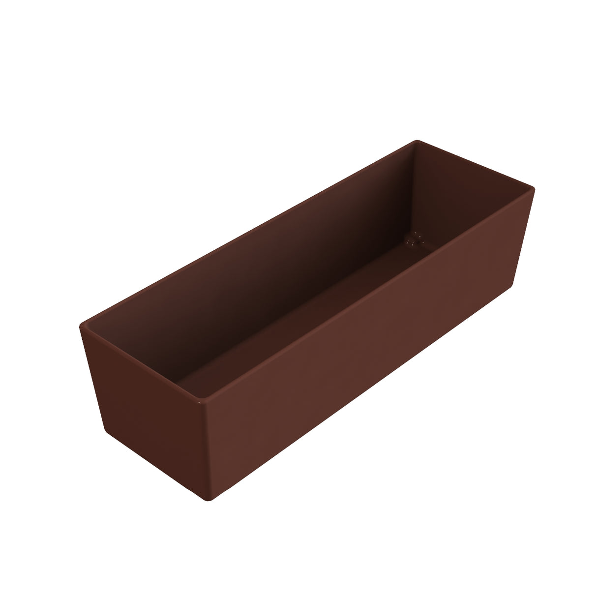 A brown, rectangular, plastic planter box with straight sides and an open top, set against a plain white background. The smooth surface offers simple solutions™ for holding soil and plants in any setting.