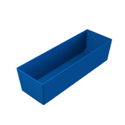 A rectangular, deep blue plastic container with straight sides and no visible handles or lid is shown on a plain white background. This dishwasher safe container is empty, its interior ready for efficient storage or organizing items.