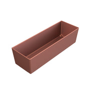 A rectangular, reddish-brown planter box with smooth sides and an open top is shown against a white background. Reminiscent of a Duracoat coated cast aluminum cold holding bowl, it features a simple, modern design and appears empty.