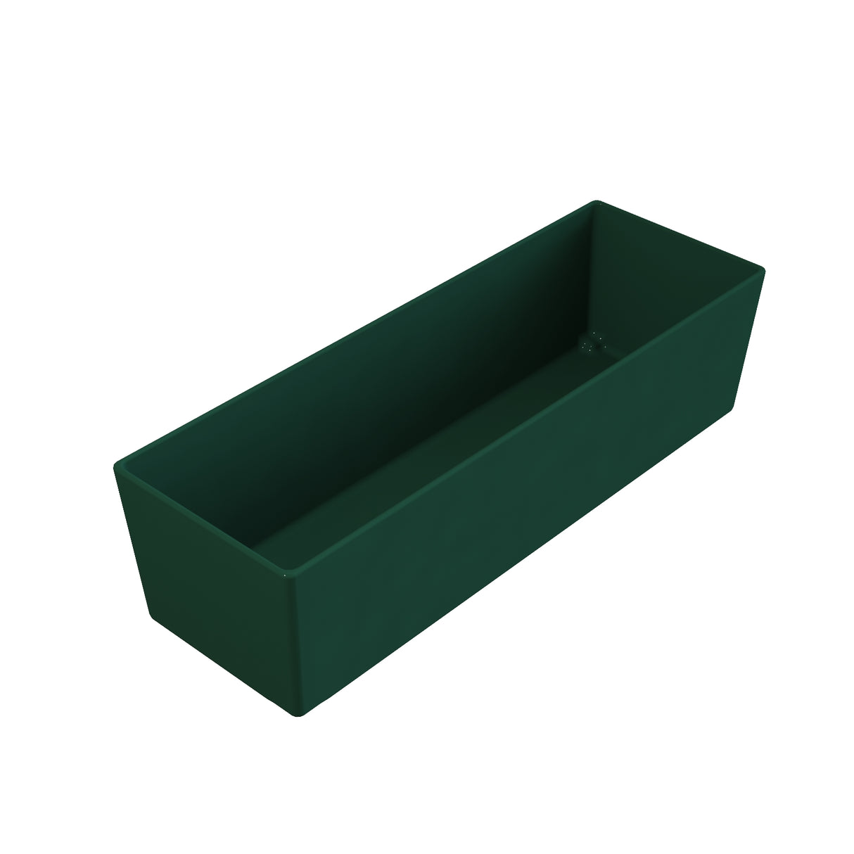 A rectangular, dark green plastic planter box with straight sides and no visible decorations, shown on a white background. The minimalist design offers simple solutions for any space, with the box angled to display both its interior and exterior sides.