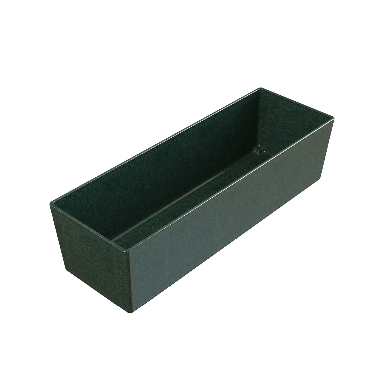 A rectangular, dark green planter box with straight sides and a smooth matte finish, made from Duracoat coated cast aluminum for lasting durability. Shown empty on a white background, it's ideal for indoor or outdoor use.